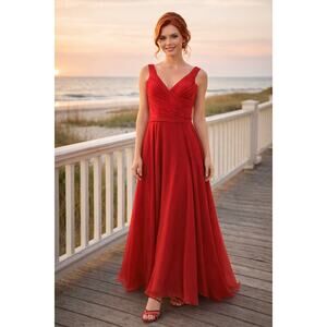 Morilee by Madeline Gardner Red with Pleated Detail Gown - Size 10